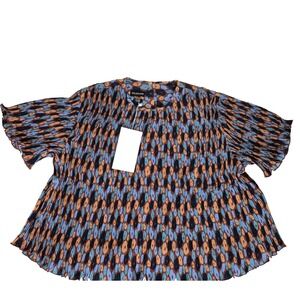 Wildfang Top Womens L Retro Floral Cinnamon Empower Plisse Boxy Blouse NEW